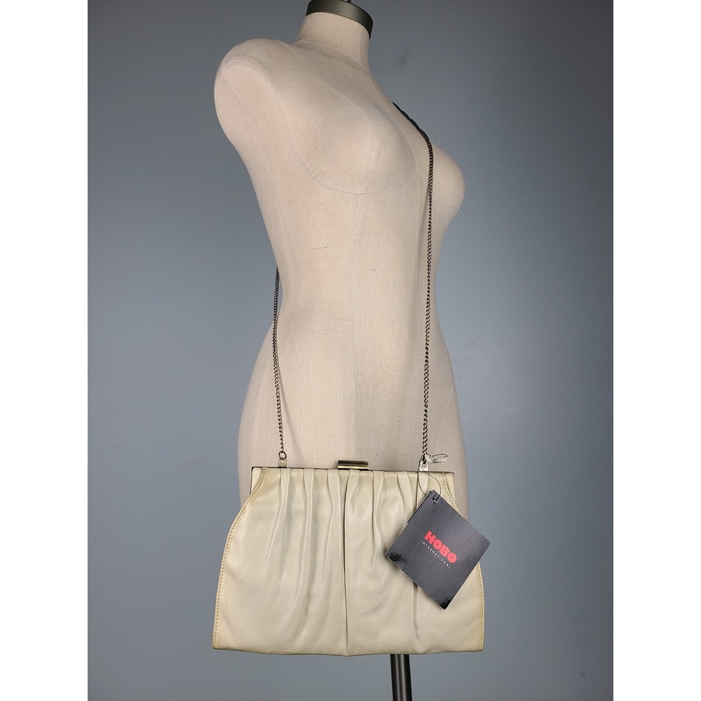 VTG Y2K Hobo International Silvia Leather Crossbody Linen Beige Silver Chain NEW